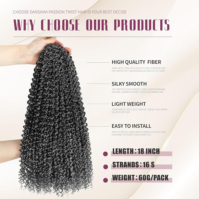 Dansama Passion Twist Hair Water Wave Braiding Hair for Butterfly Style Crochet Braids Bohemian Hair Extensions (18inch (Pack of 6), T1B/GREY, Economy Pack)