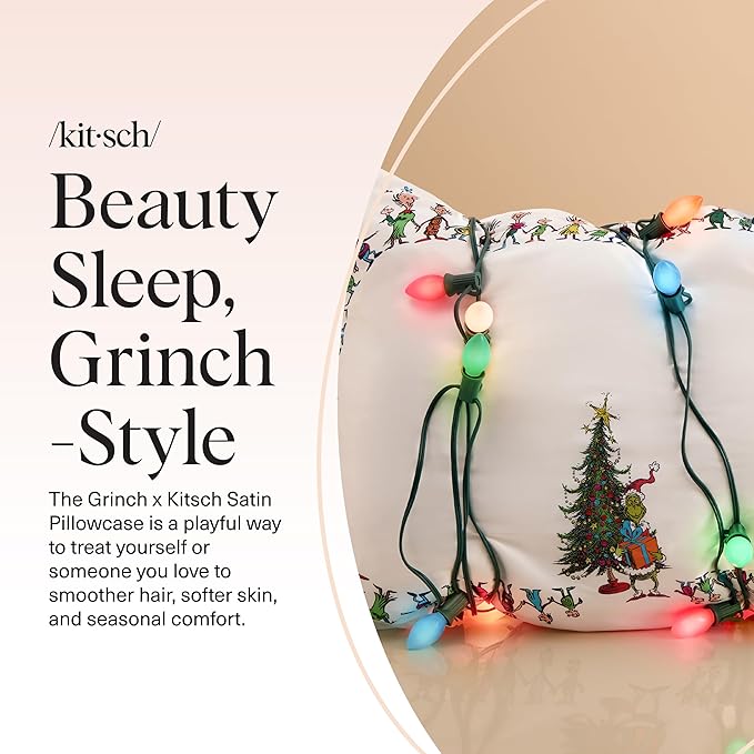 The Grinch x Kitsch Satin Pillowcase with Zipper for Hair & Skin - Softer Than Silk Pillow Cases, Smooth Cooling Pillow Cover, Wrinkle-Free, Machine Washable, King Size (19x36) - Who-Ville