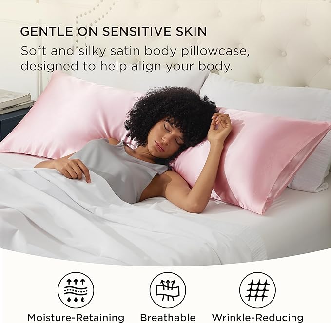 Bedsure Body Pillow Cover 20x54 Inches - Pink Satin Similar to Silk Pillowcase for Hair and Skin, Cooling and Silky Long Body Pillow Pillowcase with Envelope Closure, Gifts for Women Men