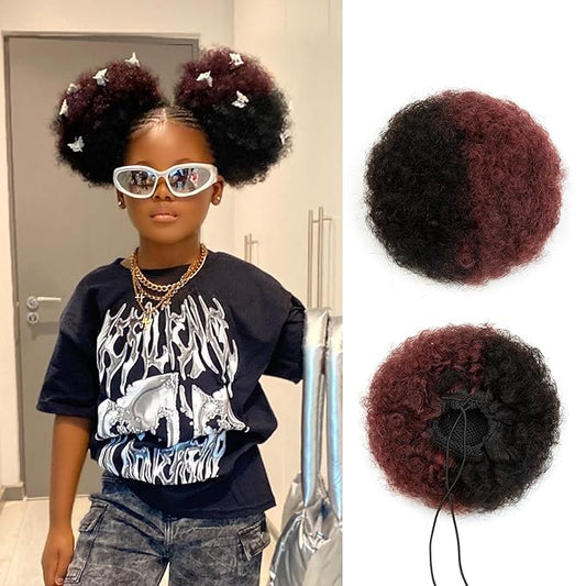 Kids Real Human Hair Afro Puff Ponytail for Black Girls Women Short Kinky Curly Ponytail Extension Drawstring Ponytail 4c African American Fake Space Buns Half Natural Black Half Wine Red 6 Inch 40g