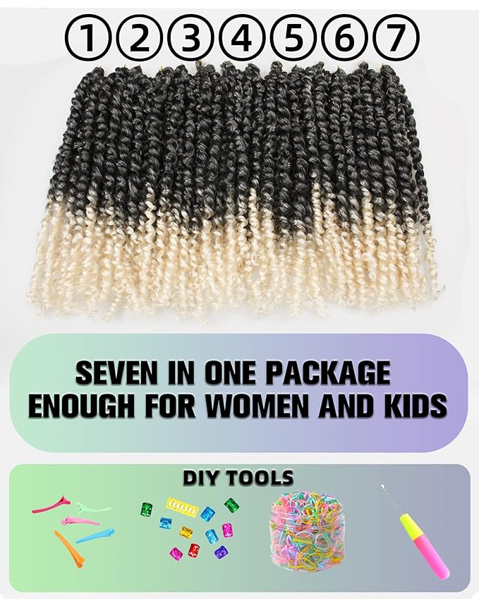 Pre-Twisted Passion Twist Crochet Hair for Black Women Passion Twist Hair Pre Looped Bohemian Braids 10 Inch 7 Packs Ombre Gray to Blonde Short Bob Curly Braiding Hair Extensions(10"-7P,TGray/613#)