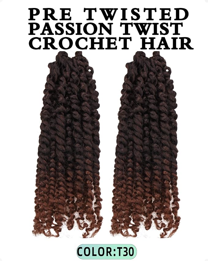 Pre-Twisted Passion Twist Crochet Hair for Black Women Passion Twist Hair Pre Looped Bohemian Braids 10 Inch 2 Packs Ombre Black to Brown Short Bob Curly Braiding Hair Extensions(10"-2P,T1B/30)
