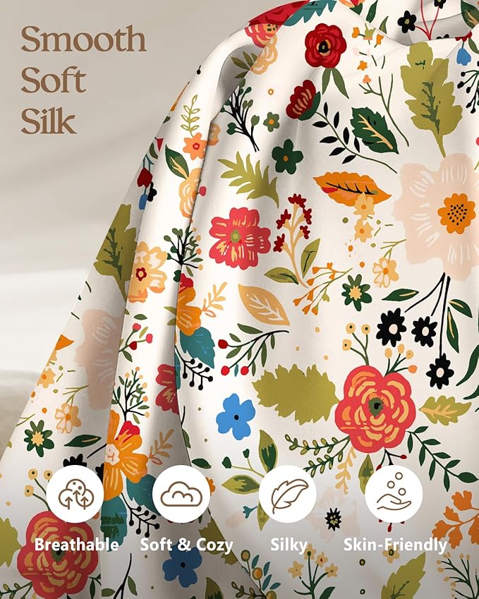 Silk Pillowcase 2 Pack - Cute Pillow Cases 20" x 26" Standard Size Set of 2 for Hair and Skin Smooth Soft Breathable with Hidden Zipper Cooling Pillow Covers for Sleeping, Beige Floral