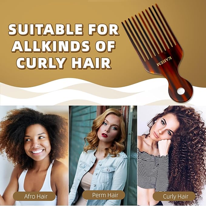 KAHEM Wide Tooth Pick Comb for Long, Thick, Curly Hair - 6.89 Inch Detangling and Lifting Comb for Women and Men's Hair Styling