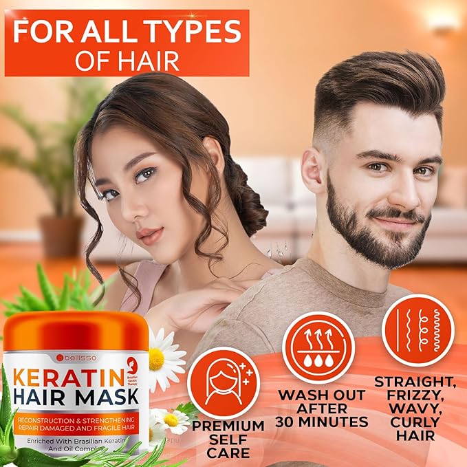 Keratin Hair Mask - Sulfate Free Hydrating Deep Conditioner Treatment for Dry, Damaged and Split Ends - Moisture for Frizzy and Curly Hair - For Women and Men - Moisturizer Care to Repair Damage