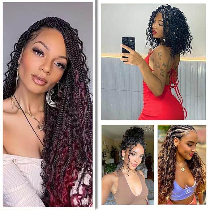 FIRSTCYH HAIR 8 Packs 18 Inch Boho Box Braids Crochet Braids Hair Synthetic Braiding Hair Goddess Box Braids Crochet Hair for Black Women (18(8Packs), 1B/Bug)