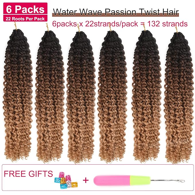 Ombre Passion Twist Hair Water Wave Long Bohemian Curly Crochet Braids For Bomb Twists Goddess Locs Synthetic Braiding Hair Extensions For Black Woman 6 Packs (18inch, Black-dark brown-light brown)