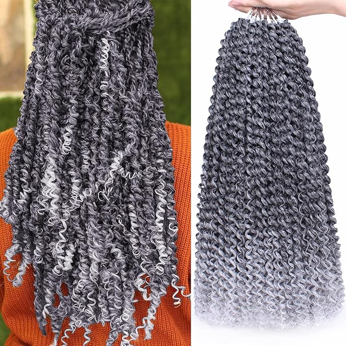 Leeven 7 Packs Ombre Grey Water Wave Crochet Hair for Passion Twist 18 Inch Long Bohemian Passion Twists Braids Hair for Butterfly Soft Locs Silver Synthetic Locs Braiding Hair Extensions 1B/Grey#