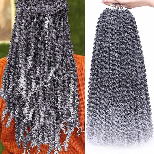 Leeven 7 Packs Ombre Grey Water Wave Crochet Hair for Passion Twist 18 Inch Long Bohemian Passion Twists Braids Hair for Butterfly Soft Locs Silver Synthetic Locs Braiding Hair Extensions 1B/Grey#