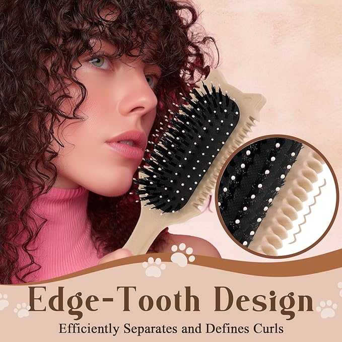 Curly Hair Brush, Curl Defining Brush for Effortless Curly Hair Care, Funny Cat Ear Type Curl Brush Suitable for Wet & Dry Hair,Women and Men,Reduces Frizz (Beige)