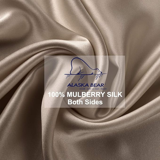 ALASKA BEAR Natural Silk Pillowcase, Hypoallergenic, 19 Momme, 600 Thread Count 100 Percent Mulberry Silk, Standard (1pc, Taupe Tan)