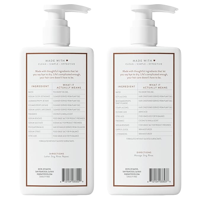 Native Coconut & Vanilla Shampoo and Conditioner Contain Naturally Derived Ingredients | All Hair Types, Color & Treated, Fine to Dry Damaged, Sulfate & Dye Free - 2-Pack