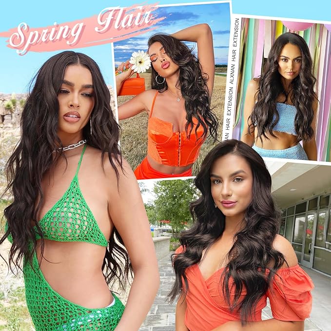 ALXNAN Clip in Long Wavy Synthetic Hair Extension 16 Inch Dark Brown 4PCS Thick Hairpieces Fiber Double Weft Hair for Women