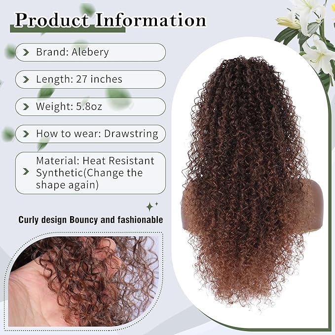 27 Inch Drawstring Ponytail Extension for Black Women Deep Curly Ponytail Extension Synthetic Mixed with Human Hair Hairpieces Afro Kinky Curly Pony Tail for Daily Use (Brown)