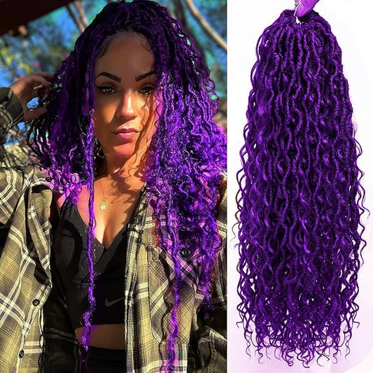 8Packs Goddess Locs Crochet Hair 18Inch Boho Faux Locs,Crochet Loc With Curly Ends River Hippie Bohemian Loc Crochet Hair for Black Women(Purple, 18inch(Pack of 8))