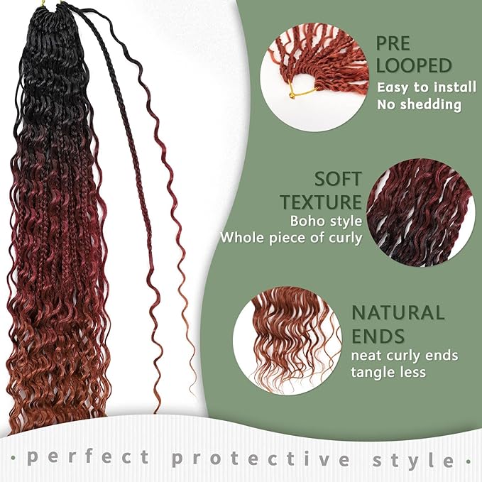18 Inch 7 Pack Goddess Box Braids Bohemian Crochet Boho Box Braids With Curly Ends Pre-looped Crochet Braids Hair for Women Synthetic Braiding Hair Extensions,1B/530/350