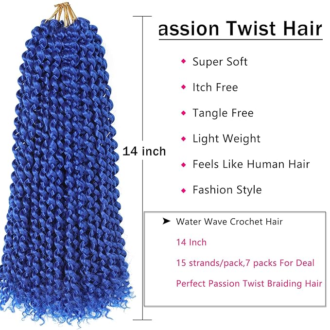 Blue Passion Twist Hair,14 Inch 7 Packs Short Water Wave Crochet Hair Soft Wrap Braiding Hair For Passion Twist Crochet Hair/Butterfly Locs/Spring Twist Crochet Hair Braids (14in,7pcs,blue#)