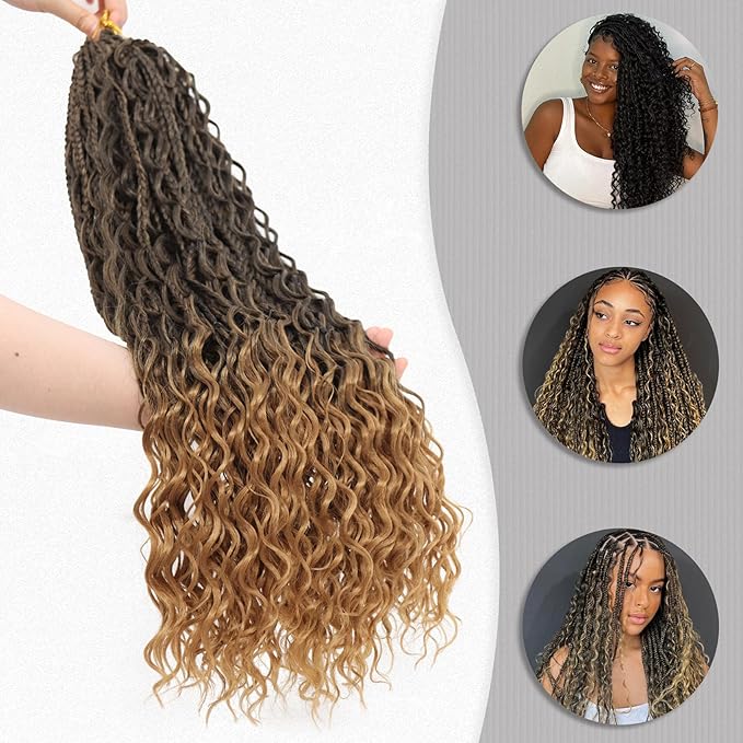 24 Inch 7 Packs Boho Box Braids Crochet Hair for women Goddess Box Braids with Curly Ends Bohemian Crochet Braids Synthetic Braiding Hair Extensions, 1B/27
