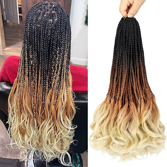 French Curl Crochet Braids 18 Inch 8 Packs Goddess Box Braids Crochet Hair for Women Pre Looped Crochet Box Braid with Curly Ends Synthetic French Curly Braiding Hair Extensions (1B/30/613)