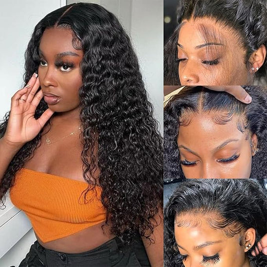 SENSAIRUITE Deep Wave Lace Front Wigs Human Hair 180% Density Curly Lace Front Wig Human Hair 13x4 HD Transparent Glueless Lace Frontal Wigs Pre Plucked Natural Black 26 Inch