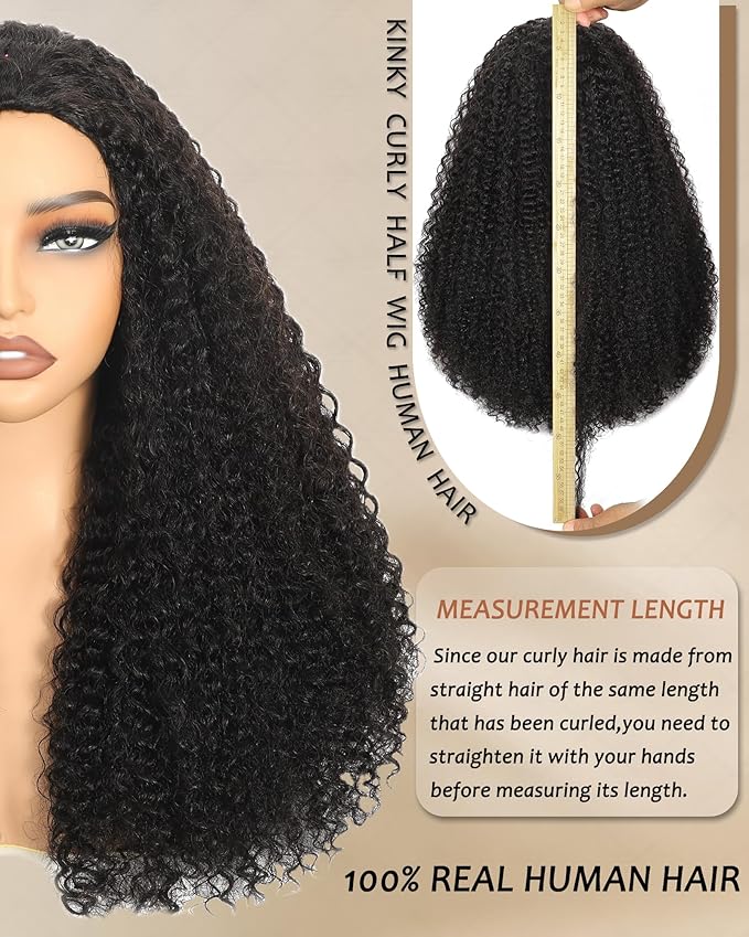 Kinky Curly Half Wig Human Hair - 200% Density, 18 Inch, Glueless Wear & Go, 3 in 1, Flip Over, Headband, Drawstring Wig, Natural Look, Beginner Friendly (Natural Black, 18 Inch, Kinky Curly)