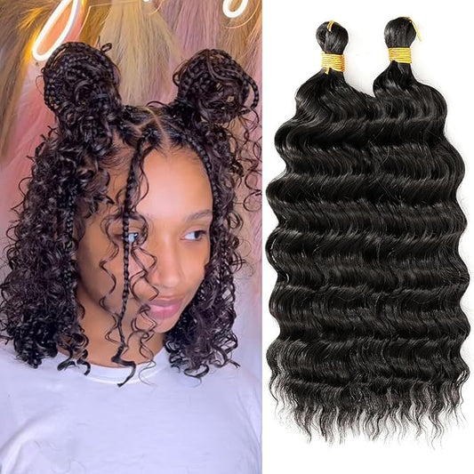 Eerya Long Curly Braiding Hair for Kids 12 Inch 2 Packs Deep Ocean Wave Crochet Hair for Black Women Deep Wave Braiding Hair for Boho Braids（12 inch, #1B）