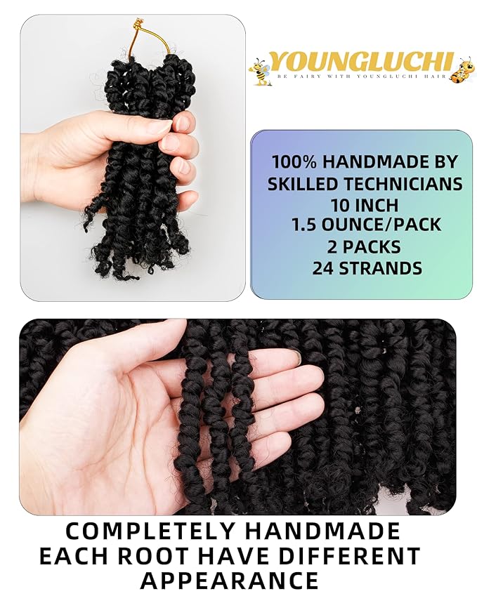 Pre-Twisted Passion Twist Crochet Hair for Black Women Passion Twist Hair Pre Looped Bohemian Braids 10 Inch 2 Packs Natural Black Short Bob Curly Braiding Hair Extensions(10"-2P,1B)