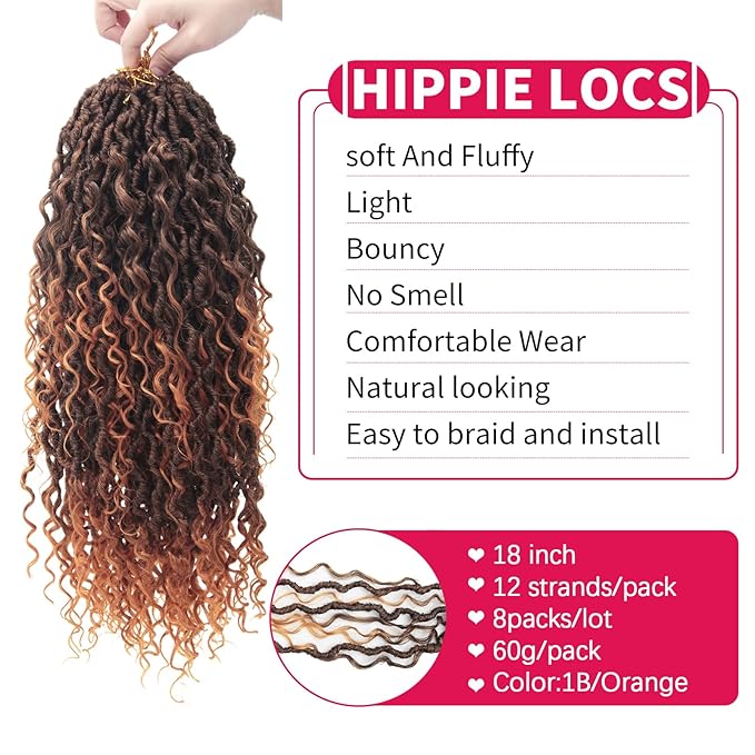 8Packs Goddess Locs Crochet Hair 18Inch Boho Faux Locs,Crochet Loc With Curly Ends River Hippie Bohemian Loc Crochet Hair for Black Women(1B/Orange, 18inch(Pack of 8))