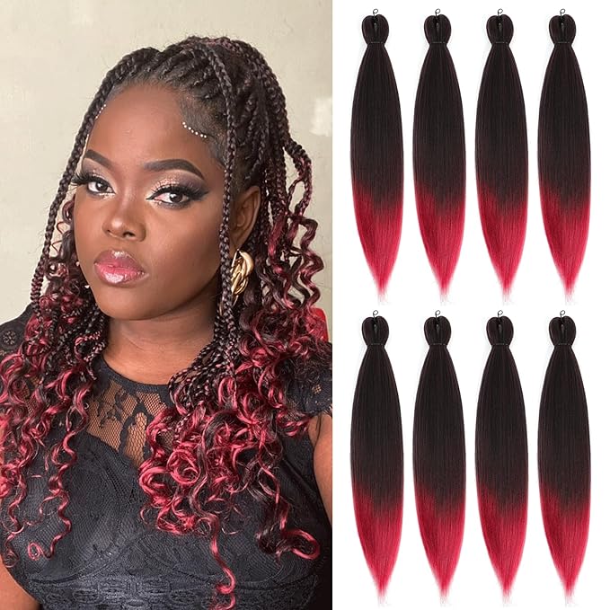 Pre-stretched Braiding Hair - 28 Inch 8 Packs Ombre Red Super Long Braiding Hair For Twist or Box Braids, Yaki Texture Hot Water Setting Synthetic Braiding Hair Extensions (28 Inch, T530-8P)