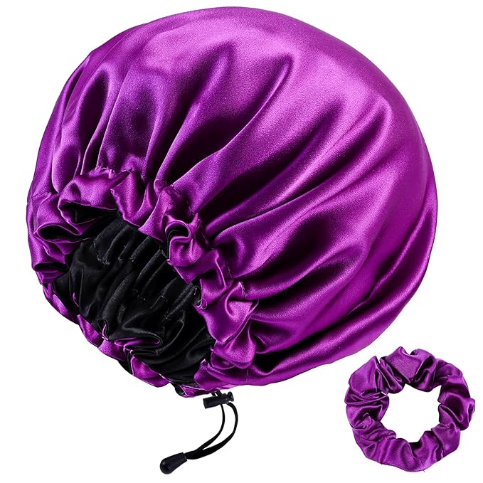 RedJoe 22 Momme 100% Mulberry Silk Bonnet Hair Wrap for Sleeping, Adjustable Silk Scrunchies Sleep Cap for Women Men Hair Care, Head Scarf Night Caps with Elastic Stay On Head, 1Pc(Purple,Black)