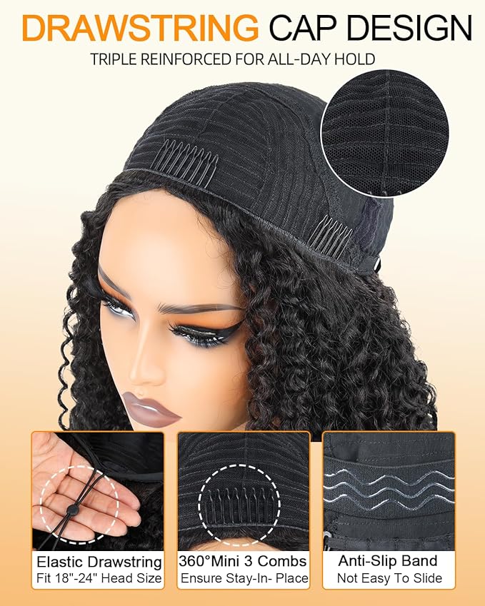 Kinky Curly Half Wig Human Hair 200% Density Wear And Go Glueless Wigs Human Hair Flexi-Fit Afro Curly 3 In 1 Half Wigs for Black Women Drawstring Seamless Flip Headband Wig 20 Inch