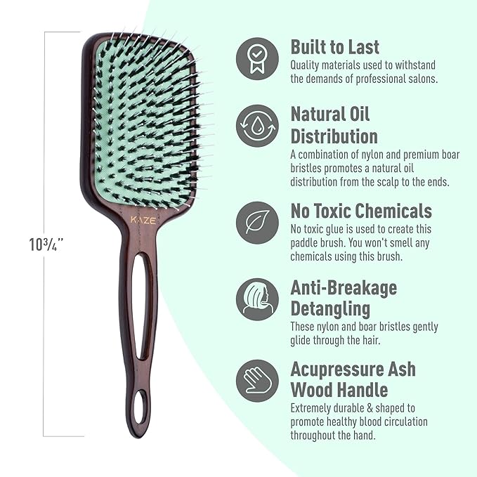 Eco-Friendly Boar Bristle Paddle Hair Brush for Women by MINT | Anti-Breakage Detangling Brush Great for Color-Treated Hair, Extensions and All Hair Types | Hand-Crafted Wooden Handle