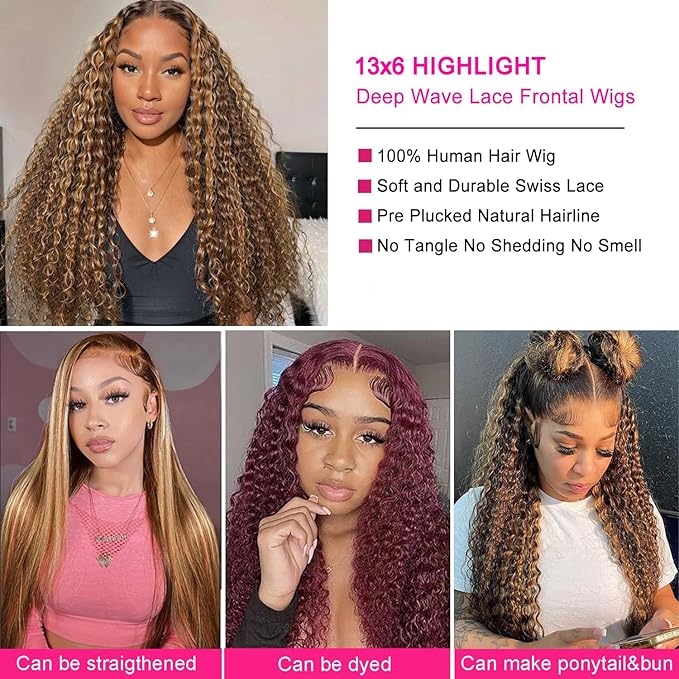 26 Inch Highlight Ombre Deep Curly Honey Blonde HD Lace Front Wigs Human Hair Pre Plucked Deep Wave Frontal Wig 13x6 HD Transparent Lace Front Wigs 4/27 Glueless Wigs 180% Density