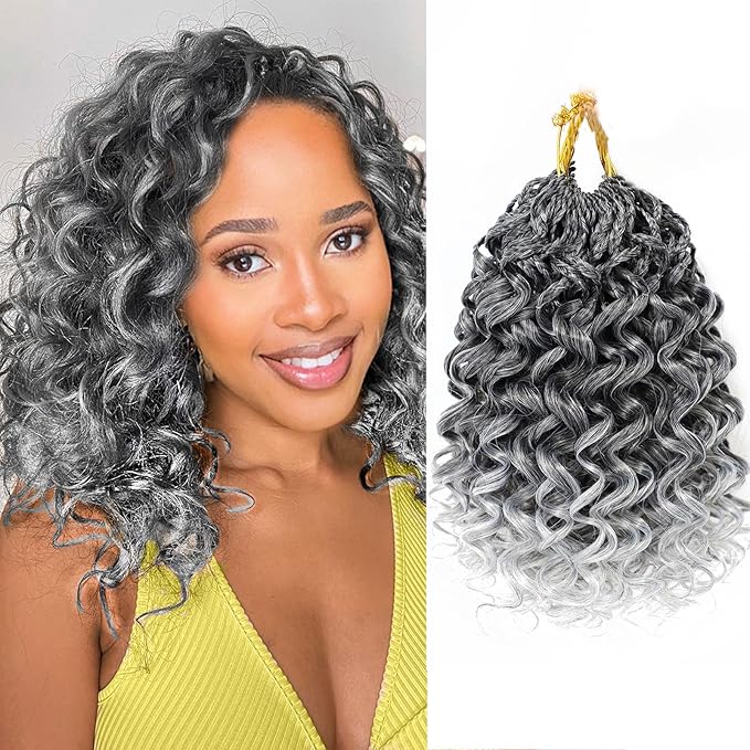 7 Packs Gogo Curl Grey Crochet Hair for Women 10 Inch Pre-Twisted Curly Crochet Hair Pre Looped Deep Ocean Water Wave Beach Curl Crochet Braids Synthetic Braiding Hair Extensions (10 Inch, 1B/Gray)