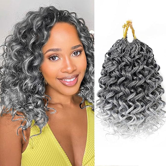 7 Packs Gogo Curl Grey Crochet Hair for Women 10 Inch Pre-Twisted Curly Crochet Hair Pre Looped Deep Ocean Water Wave Beach Curl Crochet Braids Synthetic Braiding Hair Extensions (10 Inch, 1B/Gray)