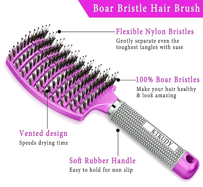 Detangling Brush Boar Bristle Hairbrush for Adult & Kids Wet or Dry Hair - KTKUDY Detangler Hair brush Getting Knots Out without Pain - Adds Shine and Makes Hair Healthier Purple