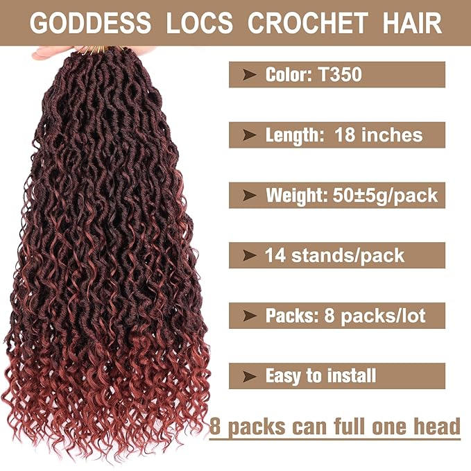 COOKOO 8 Packs (14 Strands/PCS) Goddess Locs Crochet Hair 18 Inch Bohemian Faux Locs Crochet Hair with Curly Ends Pre Looped Locs Hair Goddess Locs Synthetic River Locs Hair T350