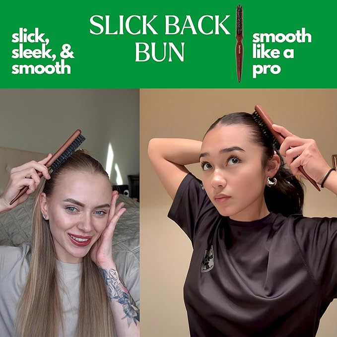 GranNaturals Teasing Boar Bristle Hair Brush for Women - Slick Back Comb with Rat Tail Pick for Hair Sectioning Used for Edge Control, Backcombing, Smoothing, and Styling Fine Hair to Create Volume