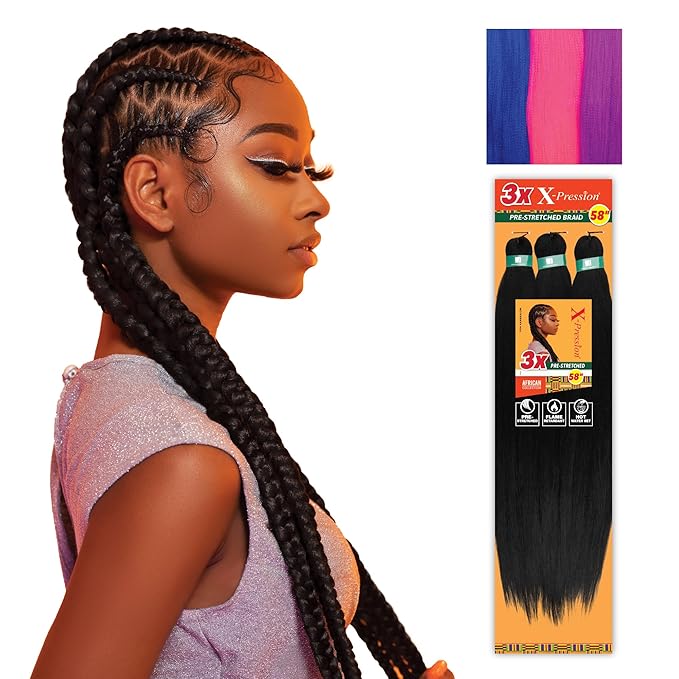 Sensationnel X-pression prestretched braiding hair - 3x braid 58 inch all kanekalon flame retardant synthetic braid for box braids and twists (1 pack, NBLUE/NPINK/NPURPLE)