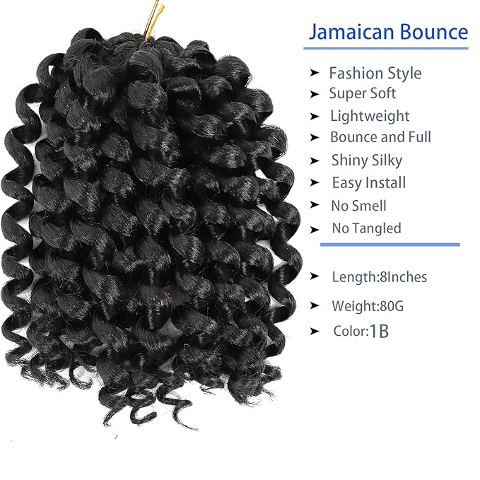 3 Packs Jamaican Bounce Crochet Hair 2X Ringlet Wand Curl Crochet Braids 8 inch Synthetic Pre Looped Crochet Hair Extensions Crochet Braiding Hair 60 Roots (#1B)