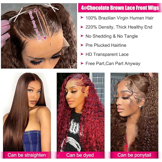 30Inch 220% Density Chocolate Brown Lace Front Wigs Human Hair 13x6 Deep Wave Lace Front Wigs Human Hair Pre Plucked Colored Curly Wig 100% Unprocessed Brazilian Virgin Hair for Women