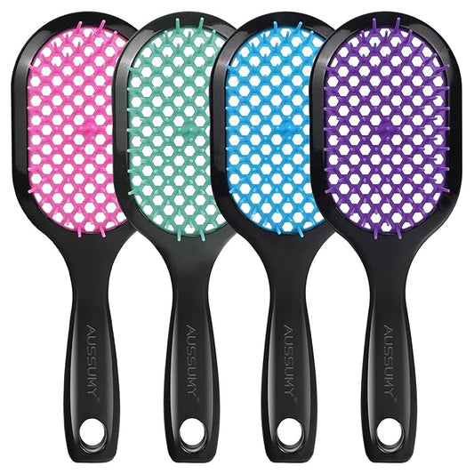 4 Pack Vented Detangling Hair Brush - Detangler Hairbrush with Soft Bristles for Effortless Tangle Free - Ideal for Wet Dry or Curly Damaged Hair for Women Men Kids