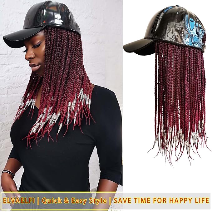 14" Box Braid Hair Extensions Burgundy w/Silver Clasps, PU Baseball Cap Wig for Women Girls Easy Wear