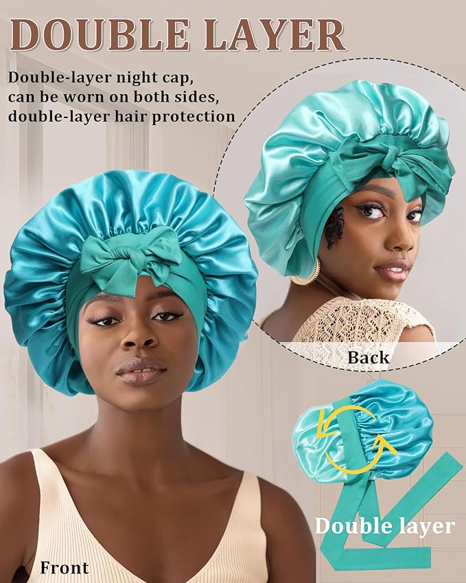 Reversible Satin Bonnet for Sleeping Women Double Layer Hair Bonnet with 2PCS Hair Scrunchies Elastic Tie Band Night Cap
