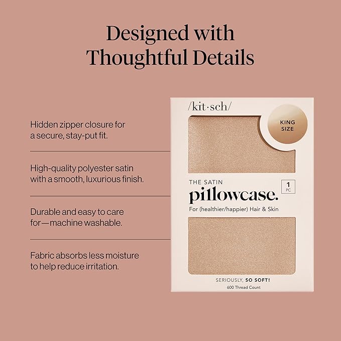 Kitsch Satin Pillowcase, Softer Than Silk Pillow Cases King, Cooling Pillow Covers, Satin Pillowcase with Zipper for Hair, Skin & Quality Sleep, Wrinkle-Free & Smooth, King Size 19"x36", Champagne