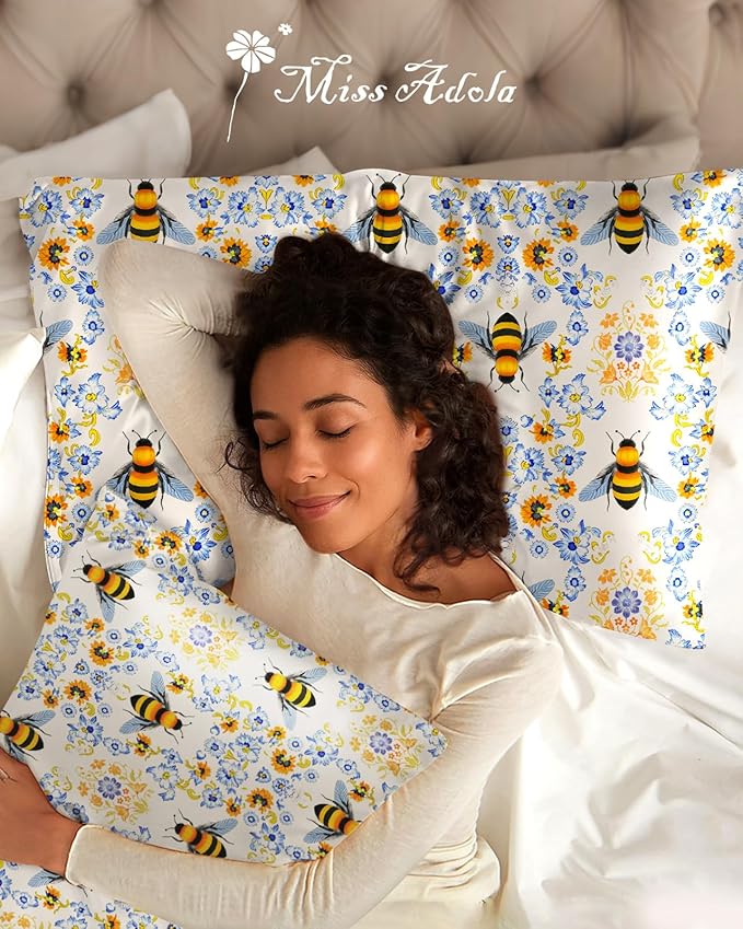 Silk Pillowcase 2 Pack - Pillow Cases 20" x 36" King Size Set of 2 for Hair and Skin Smooth Soft Breathable with Hidden Zipper Cooling Pillow Covers for Sleeping, Flower Bee