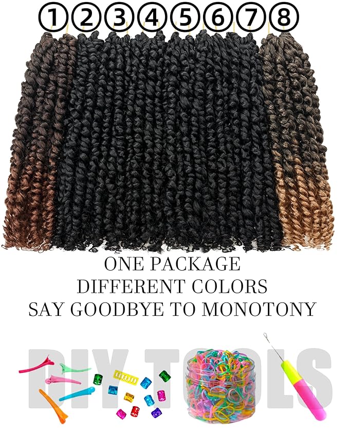 Pre-Twisted Passion Twist Crochet Hair for Black Women 10 Inch 8 Packs Passion Twist Hair Pre Looped Bohemian Braids Short Bob Curly Crochet Braiding Hair Extensions Mix Color Combo Pack 1B+T27+T30