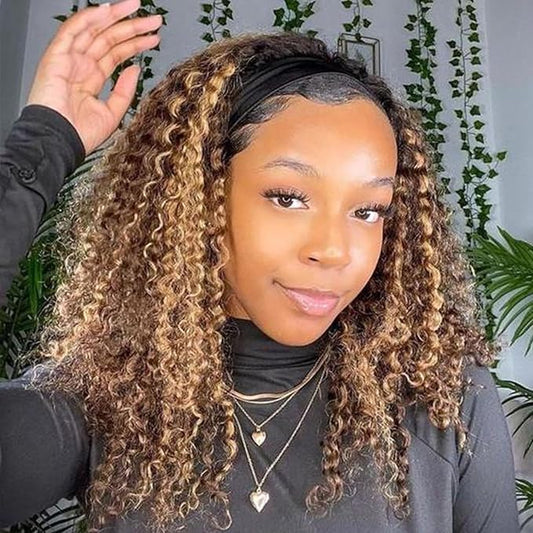 Ombre Highlight Headband Wig Human Hair #4/27 Colored Kinky Curly Headband Wig for Black Women Glueless None Lace Front Human Hair Wigs Brazilian Virgin Hair Wear and Go Wigs 150% Density 16 Inch