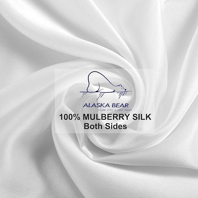 Alaska Bear Silk Pillowcase for Hair and Skin, 100% Mulberry Silk Pillow Cases Queen Size for Beauty Sleep with Random Scrunchy Gift Set Better Than Poly Satin Cover, 1pc, Cool White