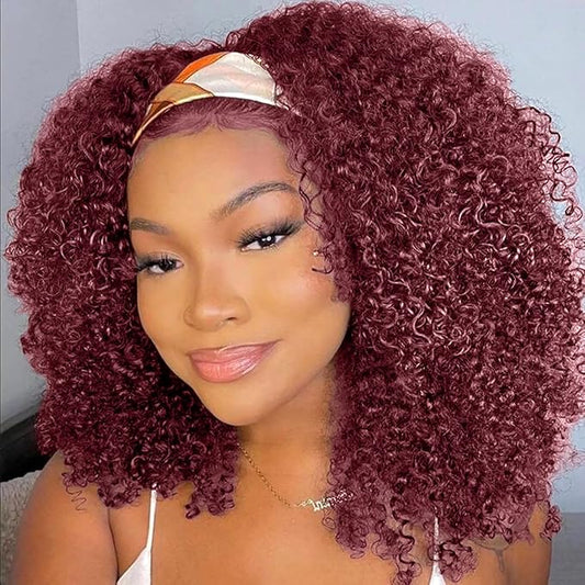 XSY Headband Wig Human Hair Kinky Curly 99J Burgundy 12 Inch Headband Wigs for Black Women Deep Curly Human Hair Wigs None Lace Front Wig 150% Density